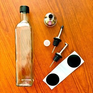 Bottle for infused oil or vinegar - with labels, funnel, pourers
